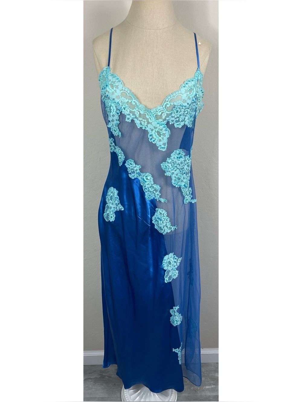 Vintage Jacolyn Bennet Frederick's of Hollywood Teal/Blue Silk Maxi Slip